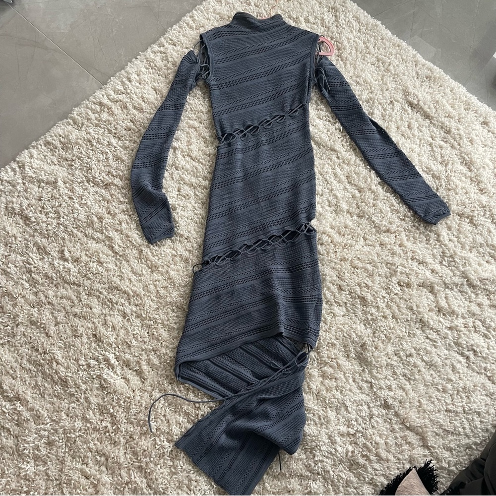 Dion Lee Slate Blue Long Sleeve Crochet Knit High Neck Lace-Up Dress